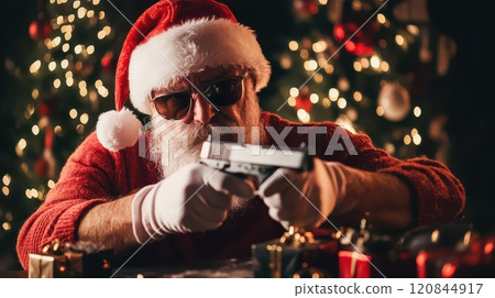 Santa aiming a toy gun in front of Christmas tree 120844917