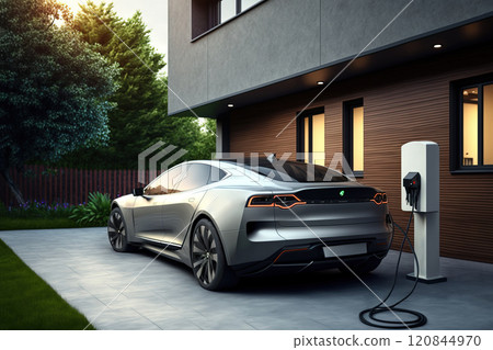 Electric car is parked near a house and plugged into charging station. AI Generative Electric car is parked near a house and plugged into charging station. AI Generative 120844970