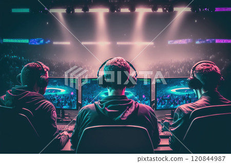 Team of professional gamers competes at major cybersports championship. Generative AI 120844987