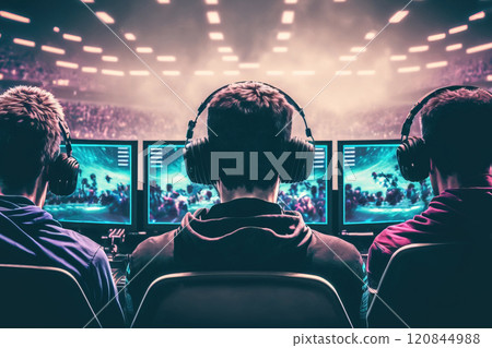 Team of professional gamers are competing in a cybersport battle on esports championship. Generative AI 120844988