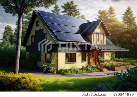 Solar panels mounted on the roof of beautiful home. Generative AI 120844989