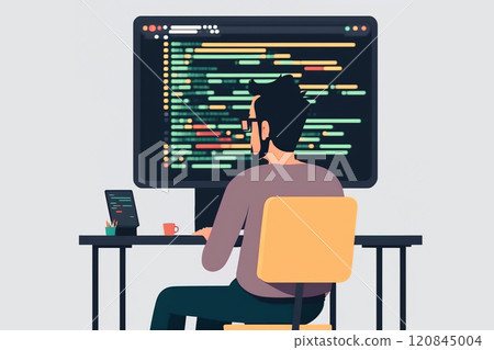 Cartoon illustration of coder writing script or html code for game software. Generative AI Cartoon illustration of coder writing script or html code for game software. Generative AI 120845004