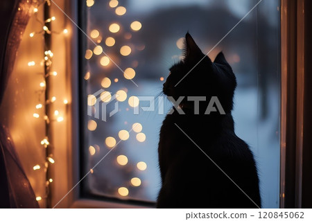 Cat gazing at Christmas lights outside window Cat gazing at Christmas lights outside window 120845062