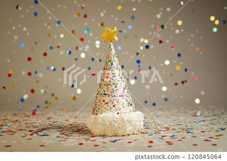 Festive party hat surrounded by colorful confetti 120845064