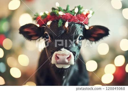 Festive calf in Christmas decor Festive calf in Christmas decor 120845068