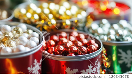 Colorful Christmas ornaments in festive containers 120845078