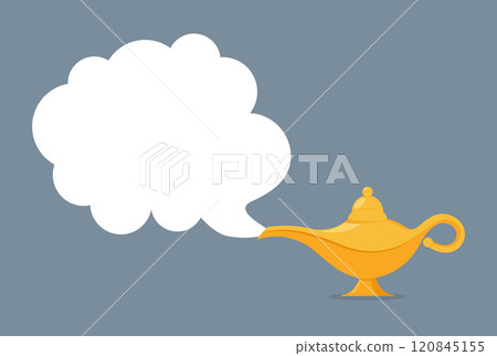 Magic lamp with smoke cloud for text on blue background. Genie lamp illustration with blank cloud Magic lamp with smoke cloud for text on blue background. Genie lamp illustration with blank cloud 120845155