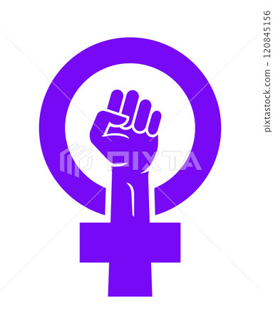 Woman feminist power fist female logo icon. Woman hand sign vector icon. Women fight protest symbol 120845156