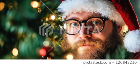 Santa hat wearer enjoys festive moments near tree 120845210