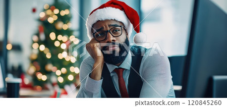 Man wearing Santa hat looks pensive at office 120845260