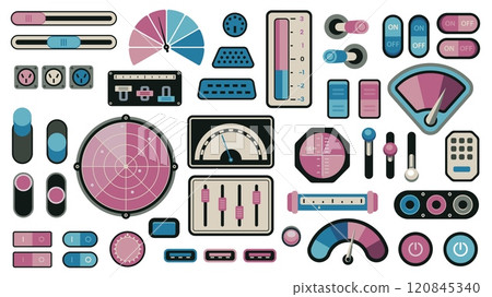 Retro control panel elements. Analog dashboard interface with measurement indicators, volume level sliders, knobs and dials. Vector 70s-80s technology screen Retro control panel elements. Analog dashboard interface with measurement indicators, volume level sliders, knobs and dials. Vector 70s-80s technology screen 120845340