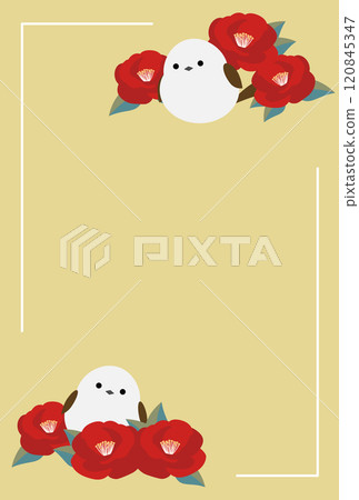 New Year's card template: Long-tailed tit and camellia, no greetings New Year's card template: Long-tailed tit and camellia, no greetings 120845347