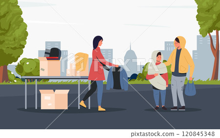 Volunteer distributing warm clothes to needy family in open donation center with boxes of things on table. Charity, kindness and care for society. Vector illustration. 120845348