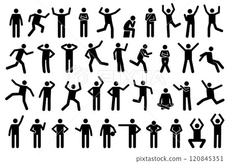 Stickman icons. Stick figures black silhouettes showing various poses and gestures, running, meditating and jumping. Ideal for infographics, design and app interfaces. Minimalist vector illustration Stickman icons. Stick figures black silhouettes showing various poses and gestures, running, meditating and jumping. Ideal for infographics, design and app interfaces. Minimalist vector illustration 120845351