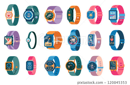 Smart watches with different colorful digital displays. Smartwatches with health, fitness and activity tracking features. Ideal for tech, lifestyle and gadget branding. Vector illustration. 120845353