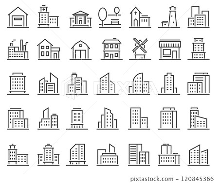 Building line icons. Architecture urban buildings residential, commercial, industrial and public houses. Skyscraper house, townhouse. Hospital, church and factory, warehouse vector thin structures 120845366
