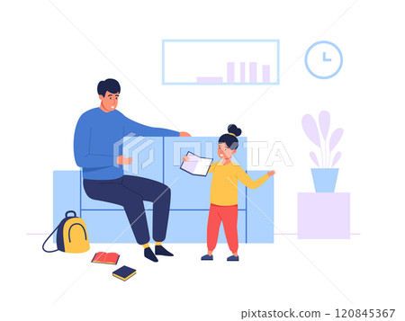 Father and daughter in living room sharing learning moment with books and school supplies. Family bonding, education and home learning concept. Flat vector illustration. Father and daughter in living room sharing learning moment with books and school supplies. Family bonding, education and home learning concept. Flat vector illustration. 120845367