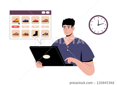 Man shopping for shoes online using laptop with digital store interface displaying footwear options. Modern concept of consumer convenience in e commerce. Flat vector illustration. 120845368