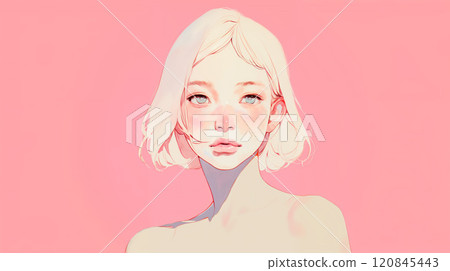 粉紅色背景前的年輕女子 120845443