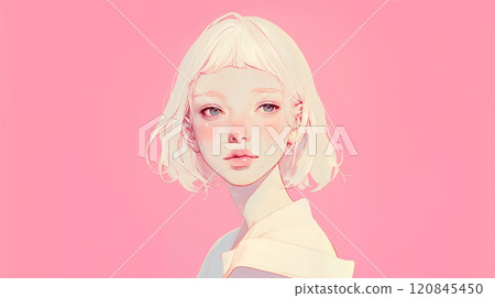 Young woman in front of a pink background 120845450