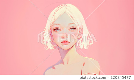 Young woman in front of a pink background 120845477