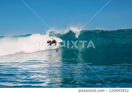 Surfer woman fell off a ocean blue wave. Surf girl wipe out during surfing Surfer woman fell off a ocean blue wave. Surf girl wipe out during surfing 120845652