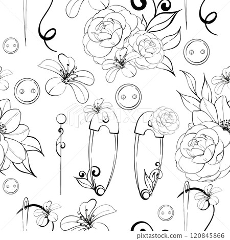 Sewing tools - scissors, needle, tape measure and pins. Seamless pattern with flowers, background. Handcraft in retro style. Vintage old fashion, romantic tailoring for postcard, fabric, printing 120845866