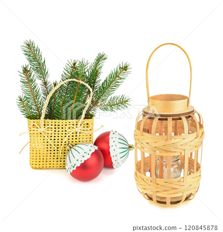 Wicker Candle Holder and Christmas Decorations isolated on a white Wicker Candle Holder and Christmas Decorations isolated on a white 120845878