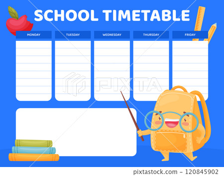 Timetable with Funny School Bag with Smiling Face Vector Template 120845902