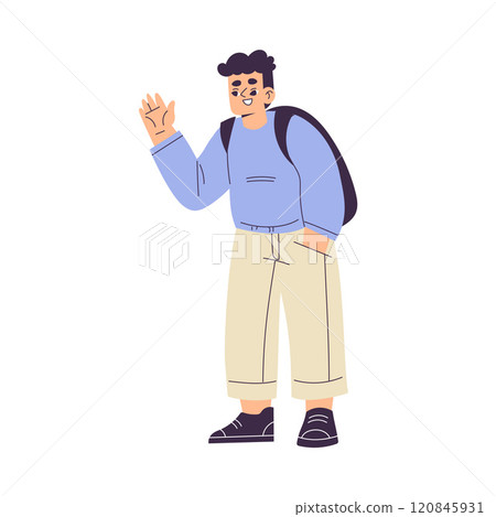 Boy Character Stand with Backpack Waving Hands Have Schedule and Daily Routine Activity Vector Illustration Boy Character Stand with Backpack Waving Hands Have Schedule and Daily Routine Activity Vector Illustration 120845931