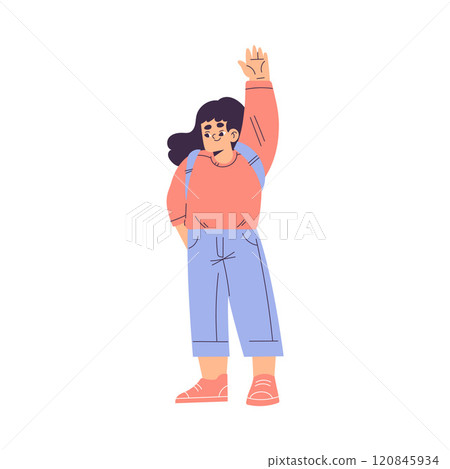 Girl Character Stand with Backpack Waving Hands Have Schedule and Daily Routine Activity Vector Illustration Girl Character Stand with Backpack Waving Hands Have Schedule and Daily Routine Activity Vector Illustration 120845934