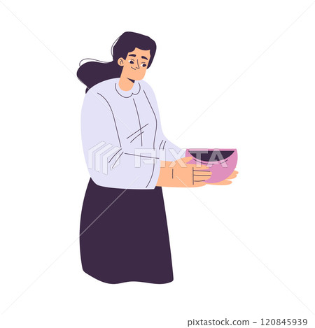 Woman Holding Bowl with Soup or Meal Vector Illustration 120845939