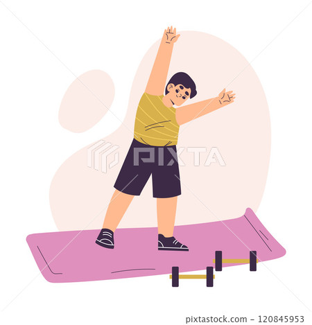 Boy Character Stretch Body Do Physical Exercise Have Schedule and Daily Routine Activity Vector Illustration 120845953