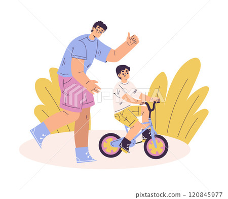 Boy Character Learn Ride Bicycle with His Dad Have Schedule and Daily Routine Activity Vector Illustration 120845977