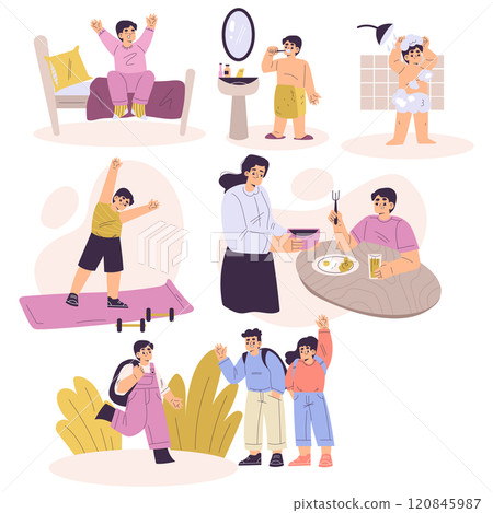 Boy Character Have Schedule and Daily Routine Activity Vector Set 120845987