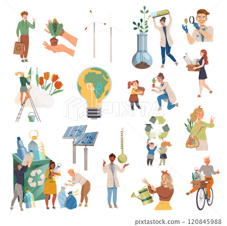 People Character Save Planet Clean Earth Globe Vector Set 120845988
