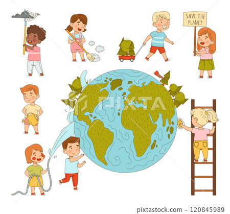 Children Save Planet Clean Earth Globe Vector Set 120845989