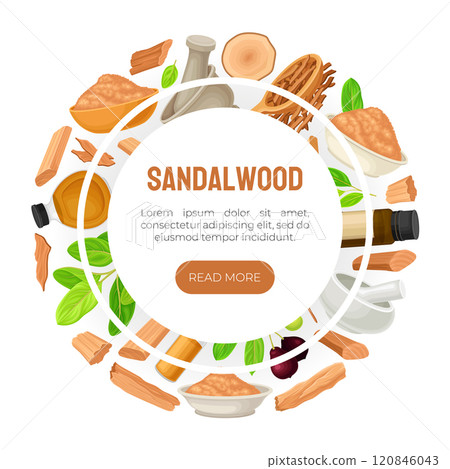 Sandalwood Banner Design with Fragrant Sticks and Essential Oil Vector Template 120846043
