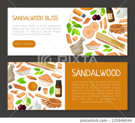 Sandalwood Banner Design with Fragrant Sticks and Essential Oil Vector Template 120846044