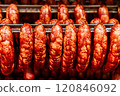 Sausage production line showing smoked sausages hanging in a modern food processing plant 120846092
