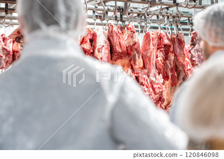 Butchers processing hanging beef carcasses in meat processing plant Butchers processing hanging beef carcasses in meat processing plant 120846098