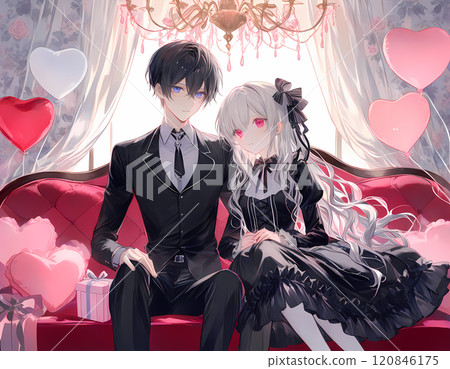 An albino girl and a blue-eyed young man sitting on an antique couch. AI illustration in Japanese anime style 120846175