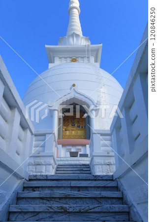 Fuji Buddha Stupa Peace Park, Gotemba City, Shizuoka Prefecture, white Fuji Buddha Stupa Fuji Buddha Stupa Peace Park, Gotemba City, Shizuoka Prefecture, white Fuji Buddha Stupa 120846250