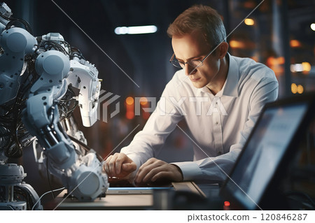 In a futuristic laboratory, a caucasian male robotics engineer is programming a cutting-edge robots 120846287