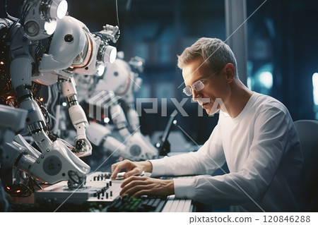 dedicated robotics engineer is calibrating a advanced robots. 120846288