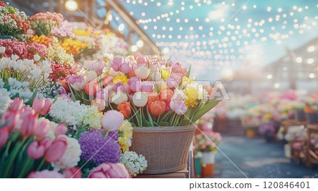 A gorgeous flower market - A spring scene filled with tulips and colorful flowers A gorgeous flower market - A spring scene filled with tulips and colorful flowers 120846401