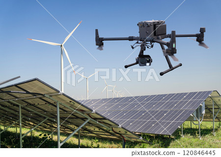 Industrial drone inspects solar panels 120846445