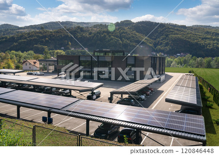 Parking space with solar panels on a roof Parking space with solar panels on a roof 120846448
