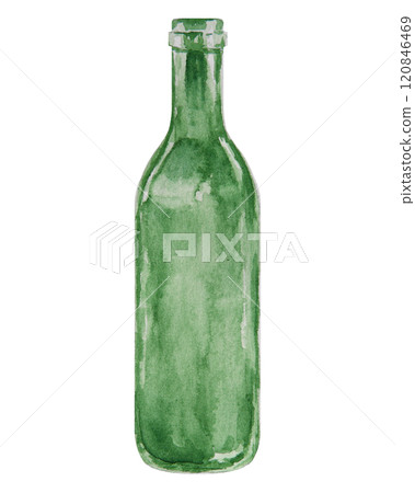 Watercolor illustration of a green glass beer bottle with a simple design. Isolated, hand drawn clipart with detailed shading and texture for eco themed designs, beverage branding, kitchen decor 120846469