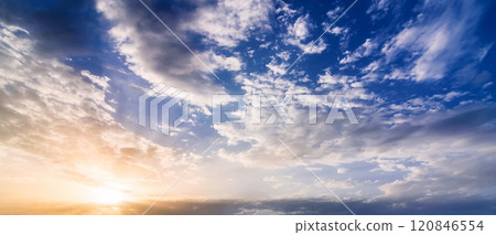 White clouds in blue cloudy sky at sunrise in the morning. Panoramic background with sky White clouds in blue cloudy sky at sunrise in the morning. Panoramic background with sky 120846554